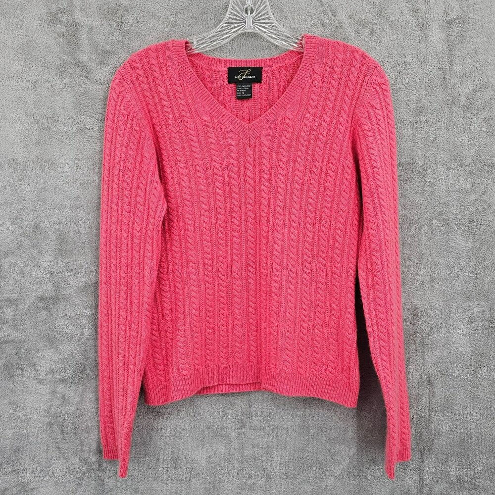 Pure Cashmere Sweater S Pink Cable Knit Long Sleeve Soft VNeck Pullover Colorful
